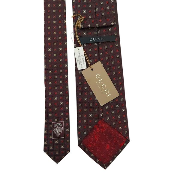Gucci Tie Mens Red 100% Silk Narrow Geometric Meadow Luxury Designer Italy - Picture 6 of 12